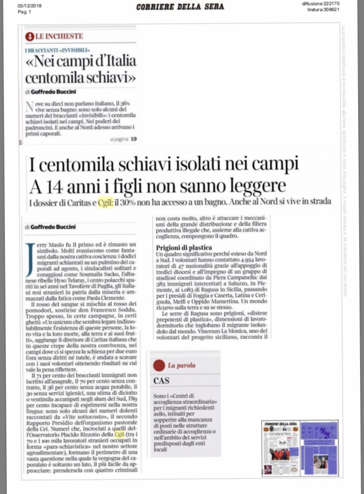flaicgil's tweet photo. Oggi su @Corriere i dati dell’Osservatorio Placido Rizzotto @flaicgil per analizzare lo #sfruttamento e il #caporalato e il tema dell’#accoglienza https://t.co/WscKhucU01