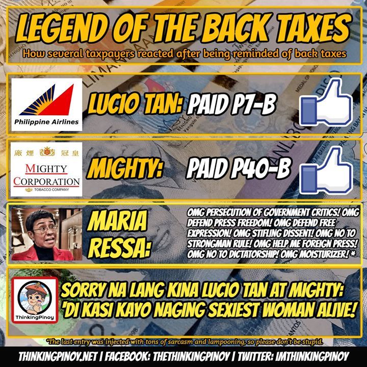 LEGEND OF THE BACK TAXES

How several taxpayers reacted after being reminded of back taxes...

1: Lucio Tan and Philippine Airlines: Paid P 7-billion, alright! <3

2: Mighty Corporation: Paid P 7-billion, alright! <3

3: Maria Ressa and Rappler: OMG Pers… facebook.com/TheThinkingPin…