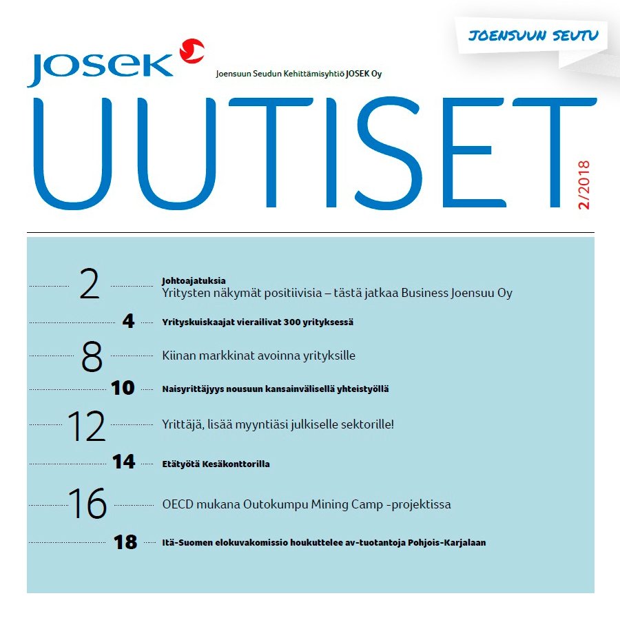 JOSEK Uutiset 2/2018 on täällä! Julkaisussa mm. Outokumpu Mining Camp -projektista, Itä-Suomen elokuvakomission toiminnasta sekä Kiina-yhteistyöstä. Lue ja tutustu issuu.com/josekoy/docs/j…! #josek #uutiset #Joensuunseutu