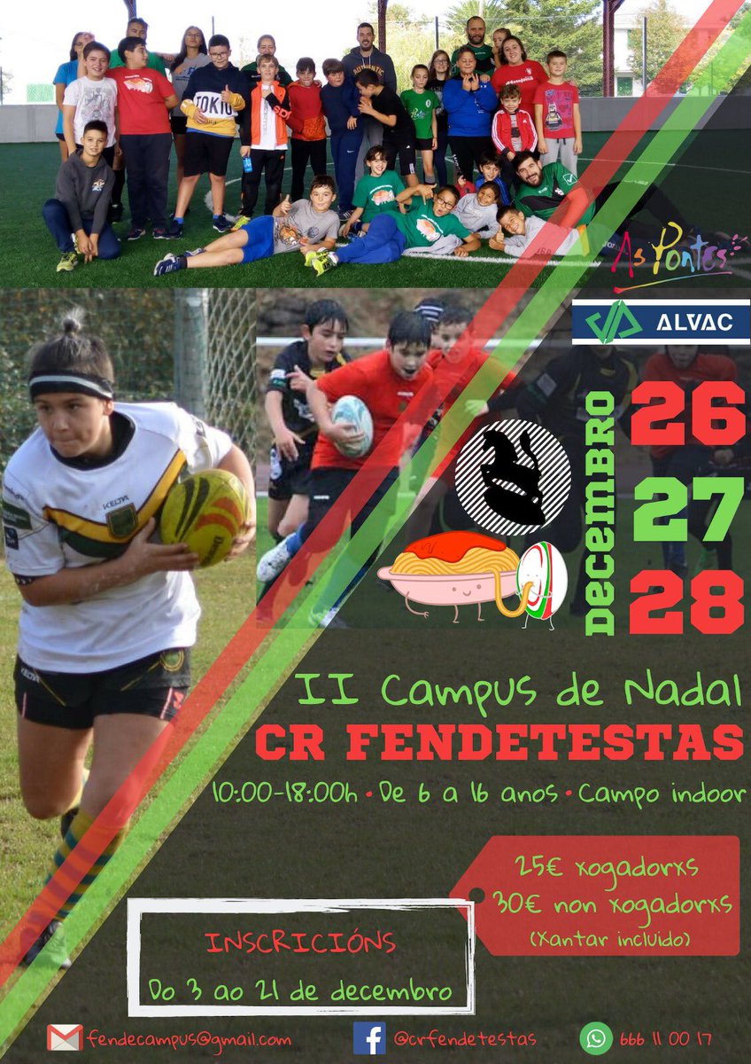 fendetestasrugb's tweet photo. XA ESTÁ AQUÍ!! 📢📢🔝🔝🙌🙌

🏉 O que?
II Campus de Nadal 
CR FENDETESTAS

🗓 Cando?
26, 27 e 28 de decembro

⏰ En que horario?
De 10:00 a 18:00h

📍 Onde?
Campo indoor (As Pontes)

💰 Canto custa?
25€ xogadorxs
30€ non xogadorxs
(Xantar incluido)
🔜🔜 https://t.co/phlHiT99aH