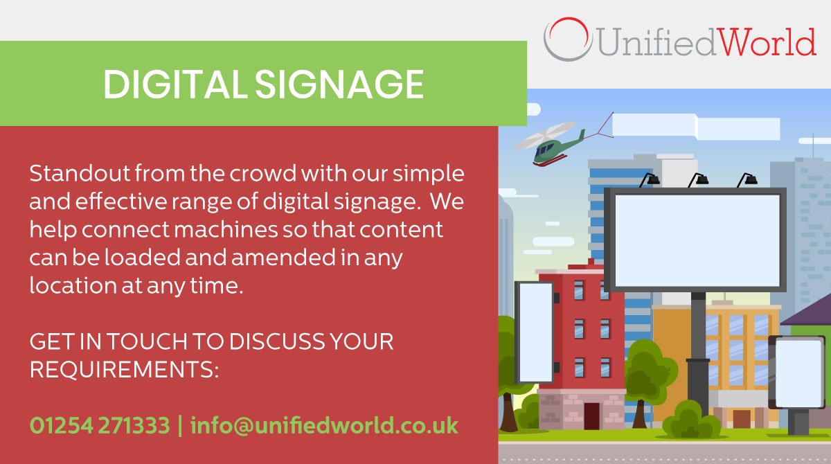 UnifiedWorld's tweet photo. Digital Signage for reception areas, retail and schools is proving increasingly popular for getting your messages across and helping people to navigate your space. https://t.co/R7v5q6C6Y8 - call us to discuss your requirements: 01254 271 333 https://t.co/kY1uDBY1CI