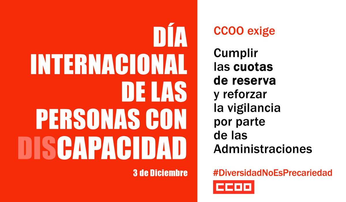 FSCNavarra's tweet photo. #3dicembre en el Día Internacional de las personas con discapacidad #CCOOExige a la Administración que ponga todas las medidas necesarias para que los trabajadores y trabajadoras con discapacidad tengan los mismos derechos e iguales oportunidades. #DiversidadNoEsPrecariedad https://t.co/k8OvIvugrm