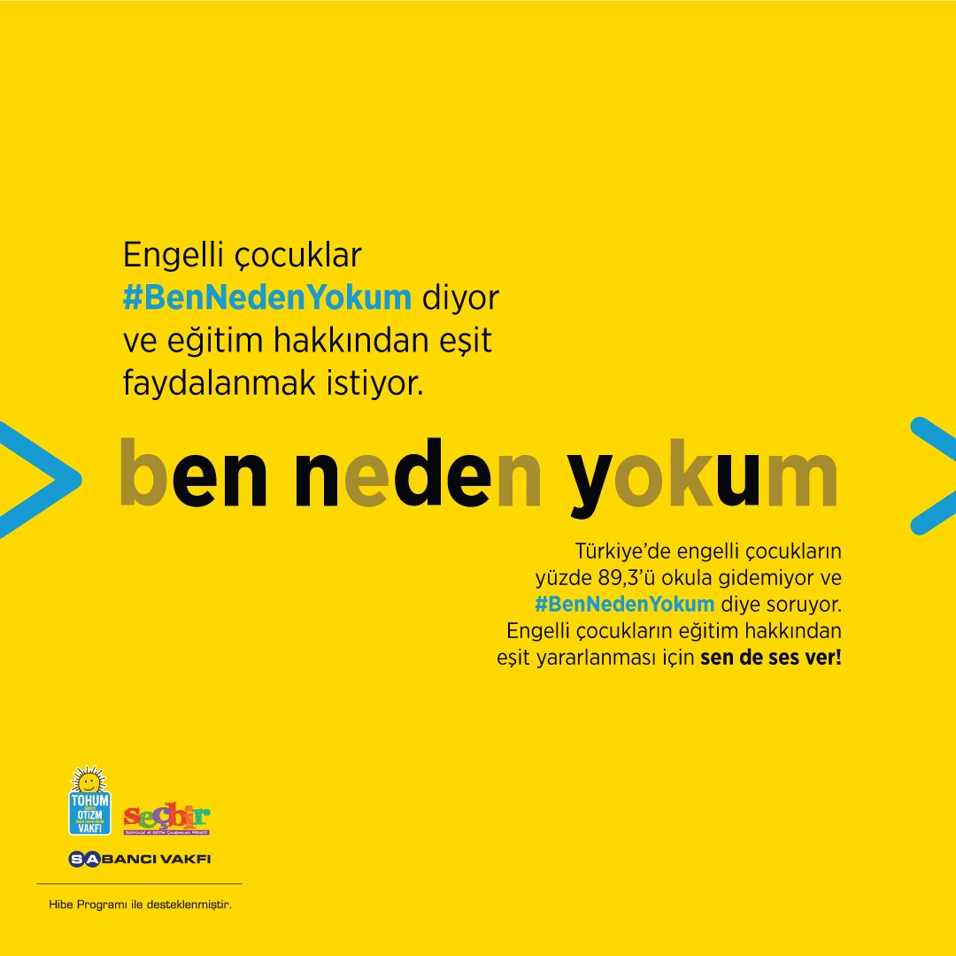Bugün #3AralıkDünyaEngellilerGünü
Türkiye'de engelli çocukların %89,3'ü okula gidemiyor!
Siz de engelli çocukların eğitim hakkından eşit yararlanmasına destek olmak için #BenNedenYokum etiketiyle paylaşımda bulunabilirsiniz!