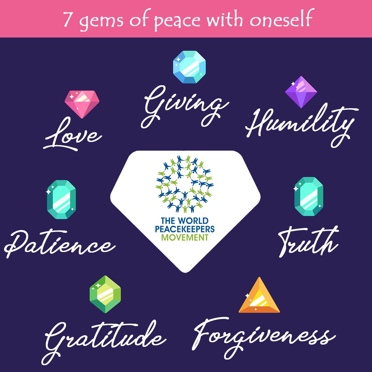 To achieve world peace, we must learn to have piece with oneself.

Know more about 7 peace of gems with oneself: twpm.org
