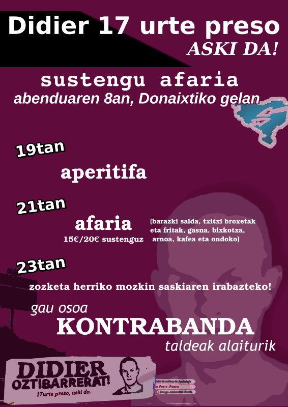 LibreBN's tweet photo. Didier-ren aldeko sustengu afaria Donaixtin, abenduaren 8an.
#DidierOztibarrerat
#PresoakEtxerat https://t.co/CHK2h9Occ6