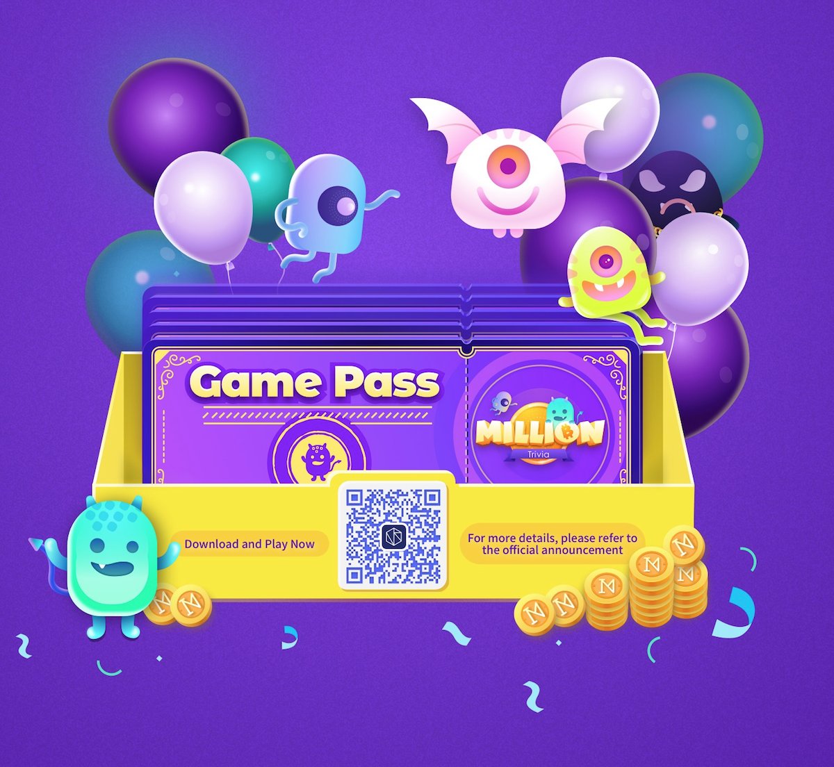 MillionTrivia's tweet photo. Heyyyy! I am back! Miss playing Million: Trivia? Buy the game pass now for tmr's game! See you guys again at 8 pm (UTC+8) on Dec. 4th! Need help? Click here: https://t.co/uc2C9fhogl #airdropalert #blockchaingames https://t.co/Q2xdbwZC4K