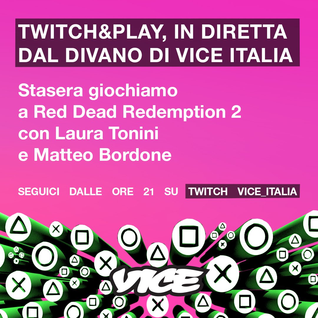 VICE Italia (@viceitaly) on Twitter photo Stasera giochiamo a Red Dead Redemption II con <a href="/lautonini/">laura tonini</a> e @matteobordone sul divano di VICE Italia, seguici in diretta su Twitch 🖥️ Stasera giochiamo a Red Dead Redemption II con <a href="/lautonini/">laura tonini</a> e @matteobordone sul divano di VICE Italia, seguici in diretta su Twitch 🖥️