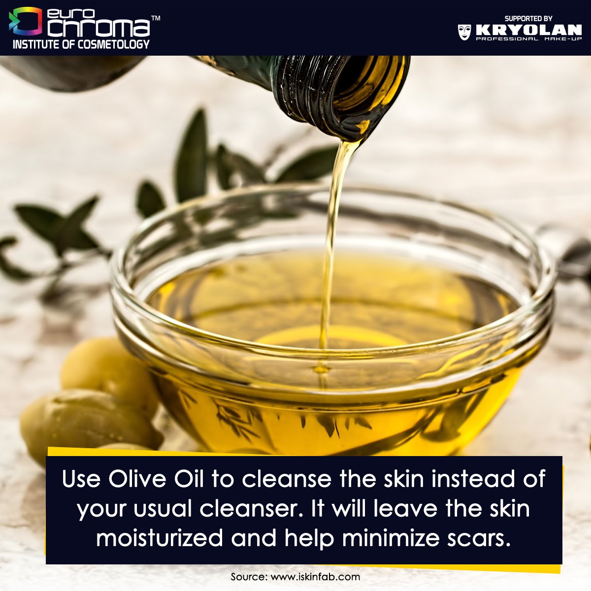 EuroChroma's tweet photo. #DIY #MakeupDIY #BeautyDIY
Cleanse your skin with Olive Oil to keep it moisturized and to minimize the scars on your skin. https://t.co/eC59sv8iBI