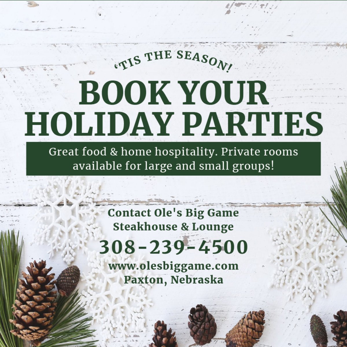 Book your holiday event with us, we have accommodations for all kinds of seasonal events. Call us at (308) 239 - 4500 to reserve.
