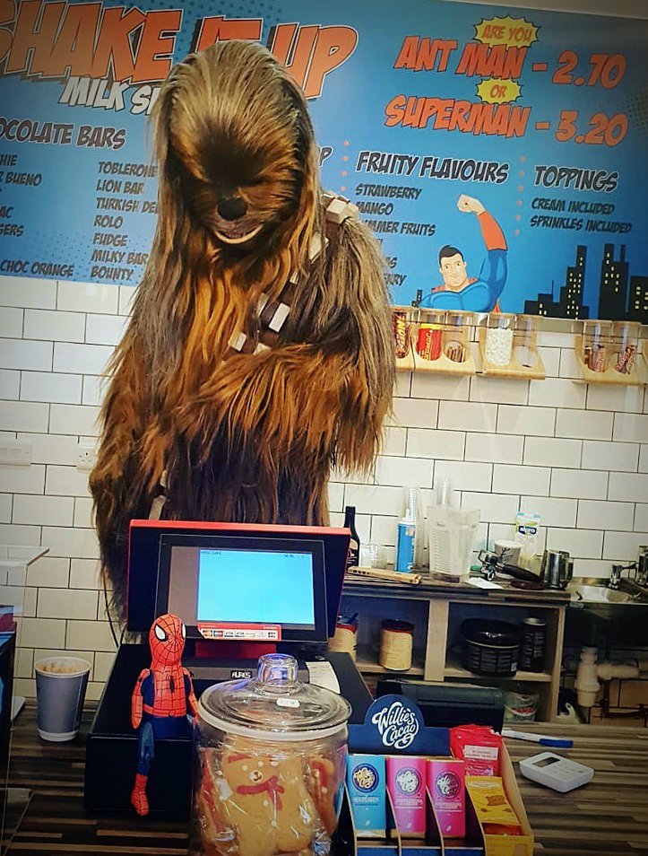 LtdEcr's tweet photo. The weekend opening of the Comic Café in Clydach, Swansea saw Chewbacca getting to grips with touch screen point of sale supplied and fitted by ECR. #comiccafe #epos #pointofsale #tills #cafe https://t.co/tuVHFsNZox