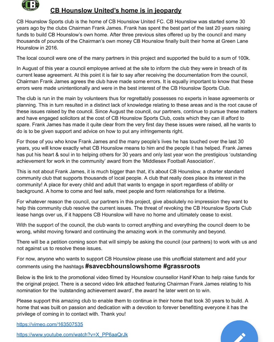 #SaveCBHOUNSLOWSHOME #Grassroots #HELPourcommunity #saveCB #CBfamily #cbhounslow #KIDSinfootball #football #SHARE #HELP #hounslowCouncil #depreivedkids #forourchildren #communityproject #sportsclub #charity 
PLEASE SHARE, LIKE ETC RT ON SOCIAL/ M PLZ HELP OUR LOCAL KIDS FOOTBALL