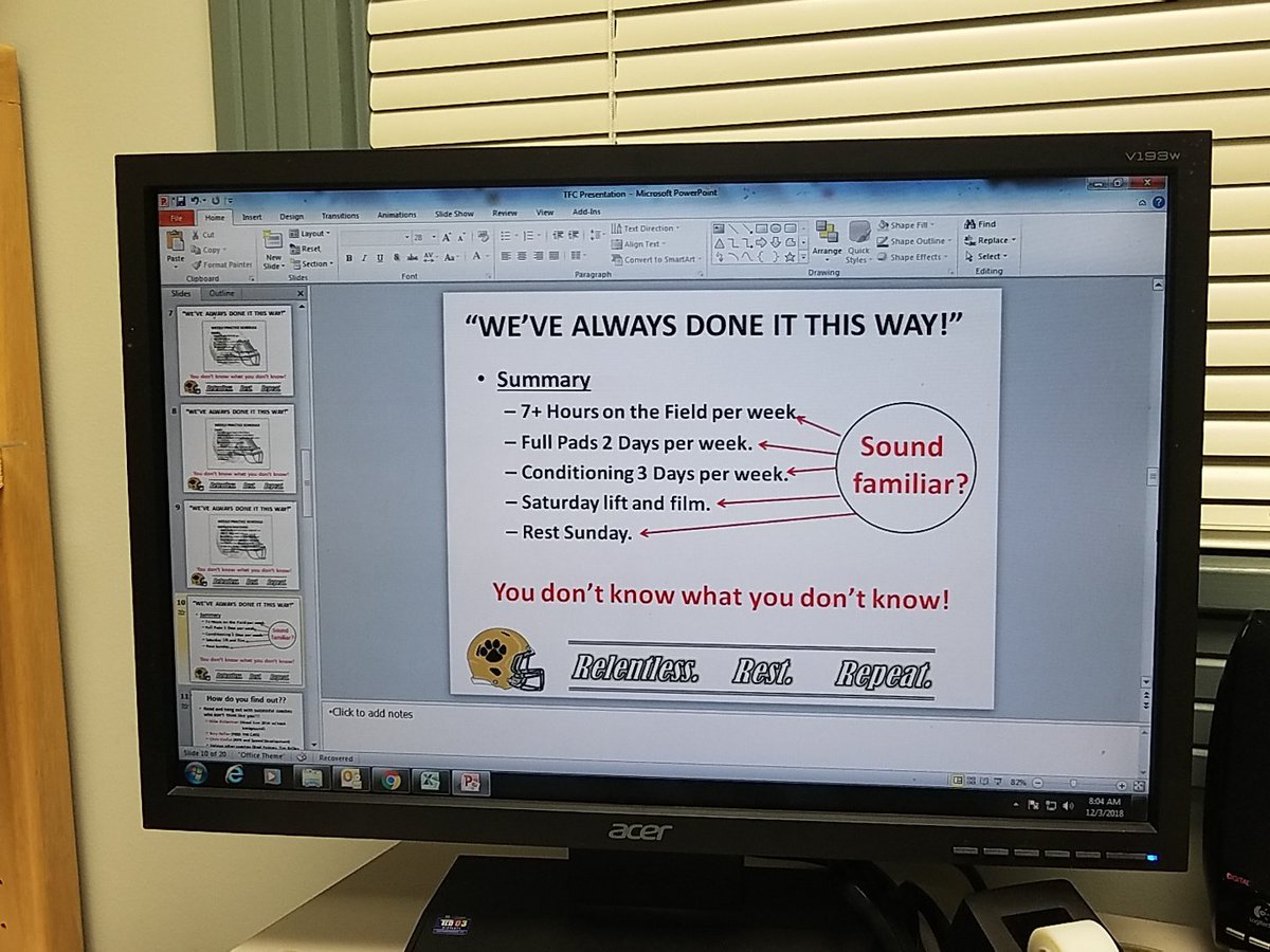 coachbdixon's tweet photo. Does this sound like your current football program?! This used to be ours as well, but not anymore. We now focus on @RPR_system, Speed, and Rest! Check out the details this Saturday in Chicago at @TFConsortium. #MinimumEffectiveDose https://t.co/SRdqI2ZPoo