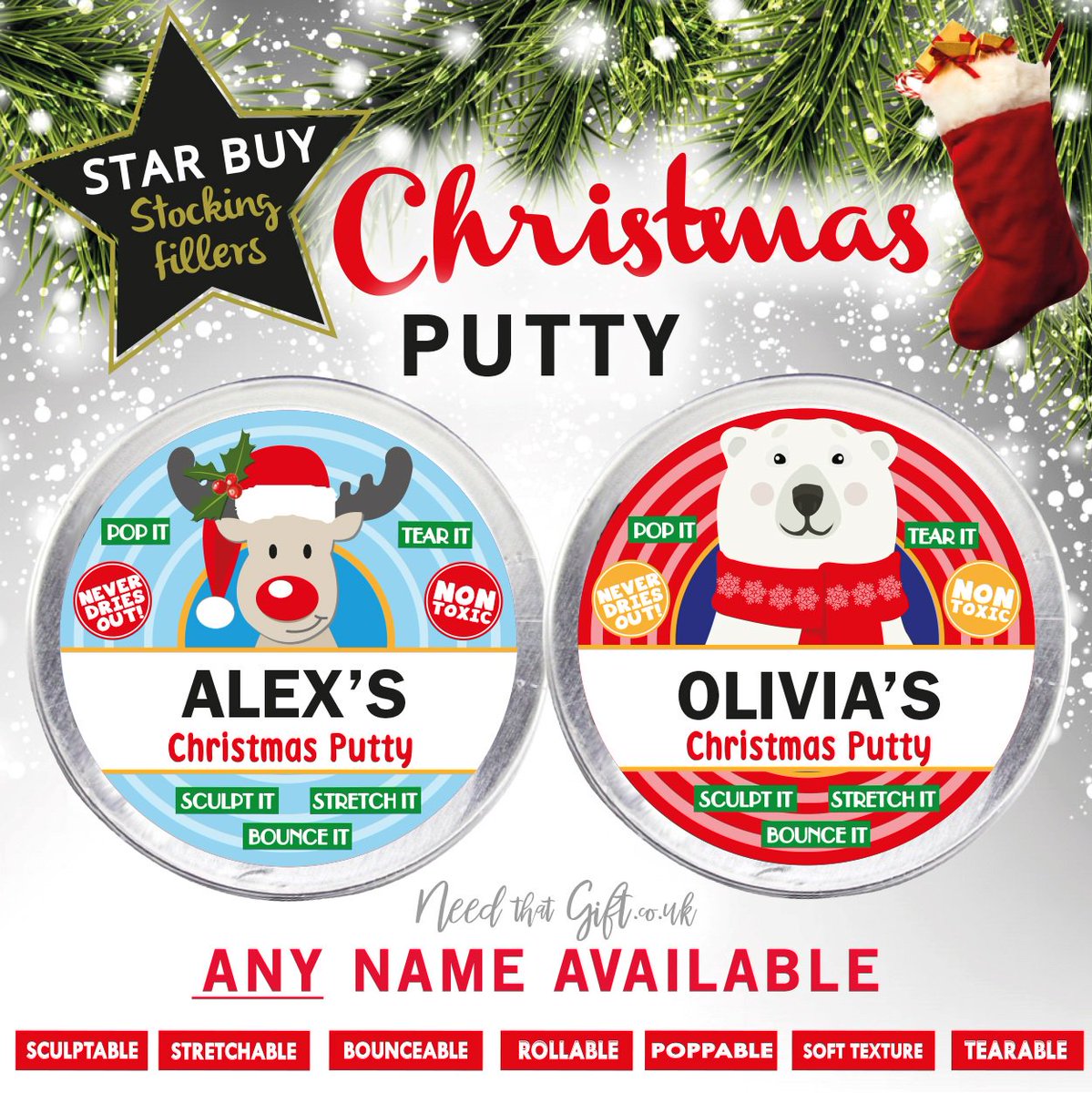 NeedThatGift's tweet image. STAR Buy Stocking Filler! 🎁

ONLY £4.99  &amp;gt;&amp;gt; goo.gl/GxDszW 
Choose any name up to 12 letters. 2 designs available - polar bear and reindeer! Take it with you anywhere and sculpt until your heart’s content...😁

#StockingFiller #Christmas #GiftIdeas  #putty #Stretch