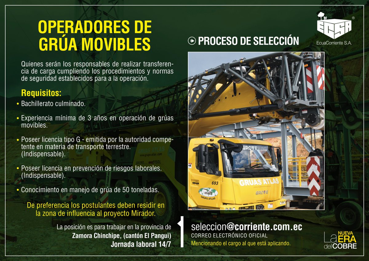 EcuaCorrienteSA's tweet photo. #ECSA requiere contratar 7 vacantes en distintas áreas:
· Auxiliares Eléctricos - Linieros (4 personas)
· Operadores de Grúa Movibles (3 personas)
Postula y sé parte de nuestro equipo de trabajo ⬇️👨‍💻
#ProyectoMirador #MineríaResponsable #MineríaEsDesarrollo https://t.co/itjRtPv72l