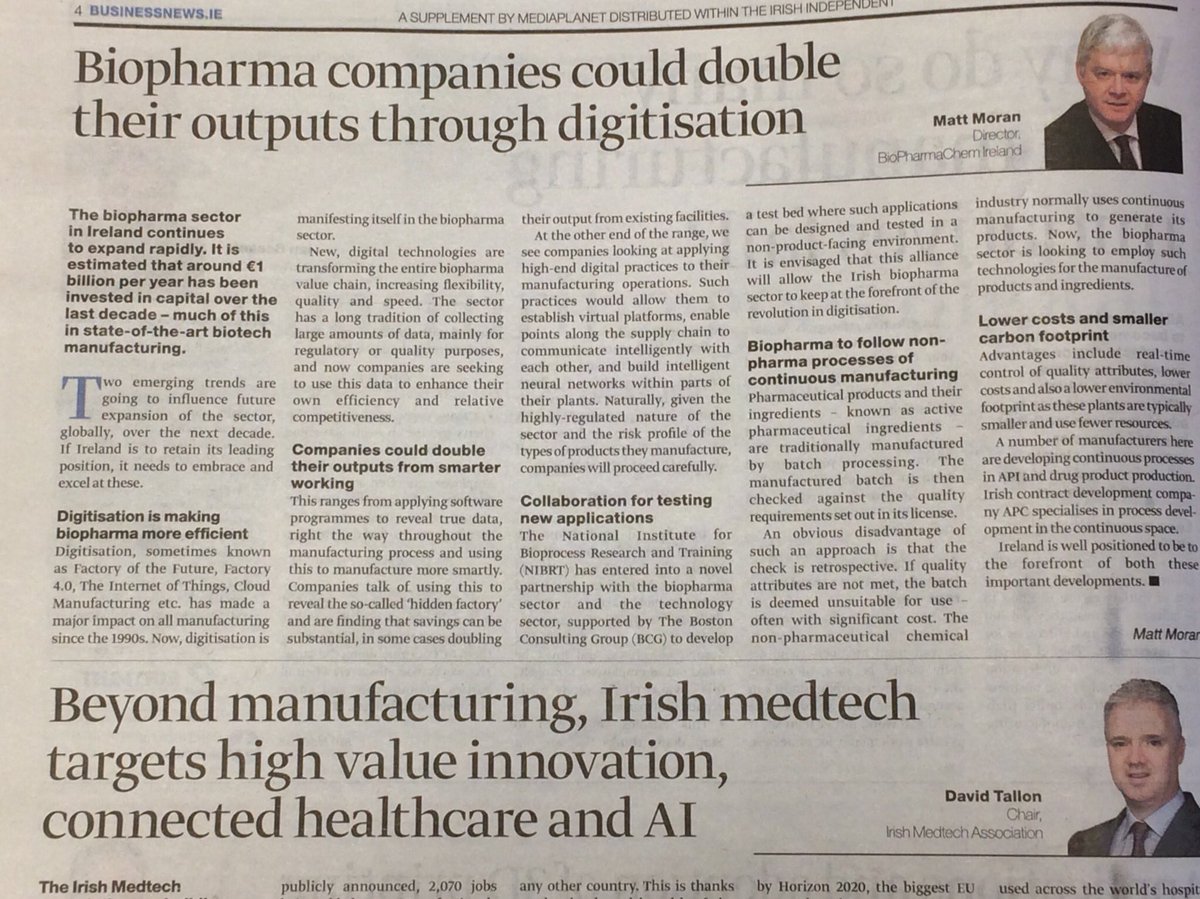 mattmoranBPCI's tweet photo. Great  to support @MediaplanetIE promoting Biopharma manufacturing #FutureOfManufacturing @Independent_ie @BioPharmChemIre @Cefic @ibec_irl https://t.co/hymSiFtwIg
