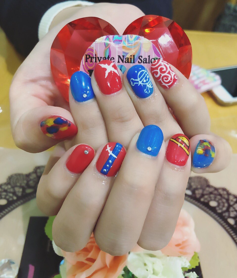 Namihey ジェルネイル Lollipopnail 自爪を削らない パラジェル 自宅サロン 子連れok Cafecoppetネイル ネイル18 ネイルデザイン18 キャラクターネイル ちゅるるん 手描き ワンピースネイル ゴムゴムの実ネイル ルフィの胸の傷ネイル