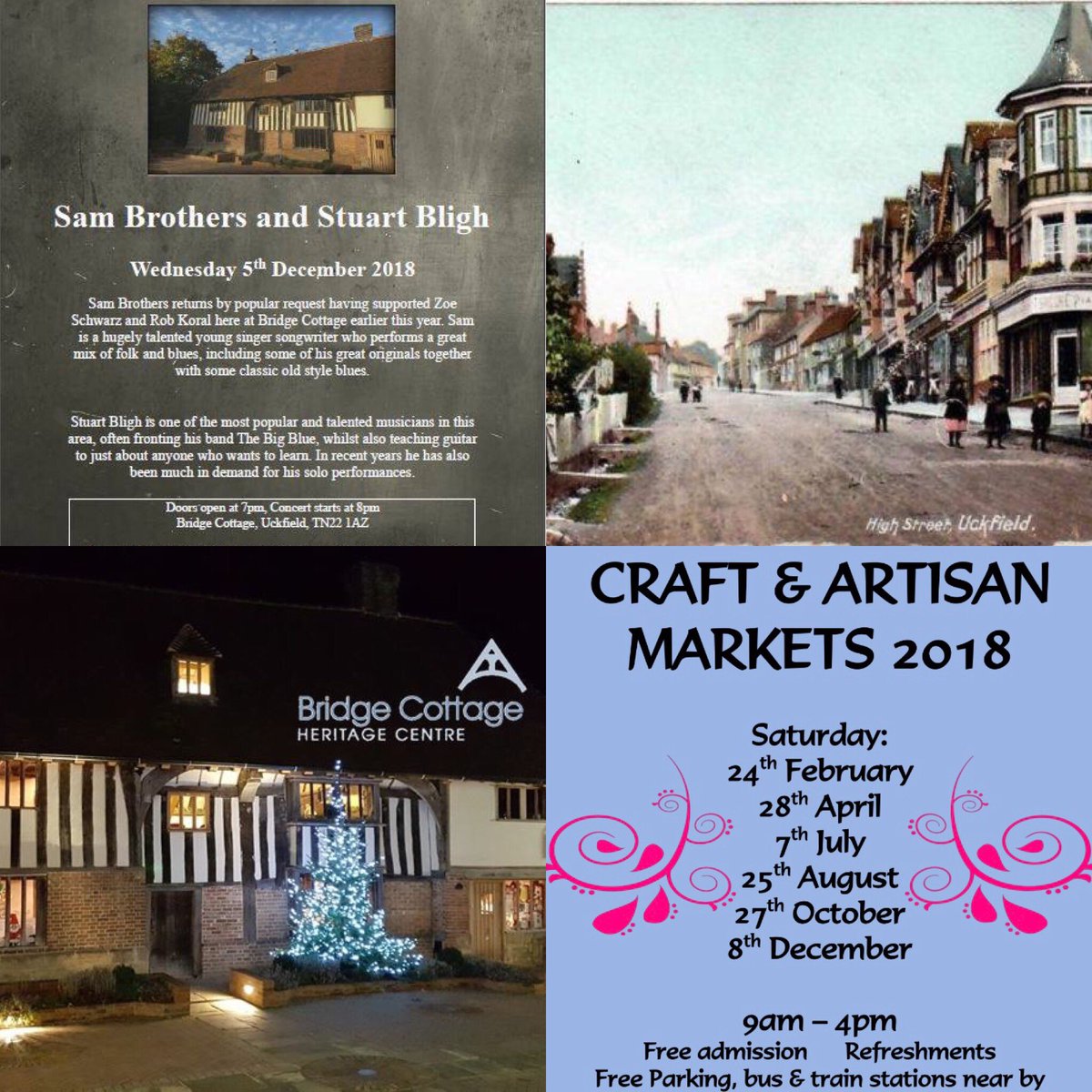 We are looking forward to a busy week here at Bridge Cottage!
On Wednesday - Sam Brothers &amp; Stuart Bligh. On Thursday- Bygone Uckfield with Dr. Maria Kirk.On Friday-late night shopping from 5-9pm. On Saturday-our last Craft &amp; Artisan Market of the year. bridgecottageuckfield.co.uk