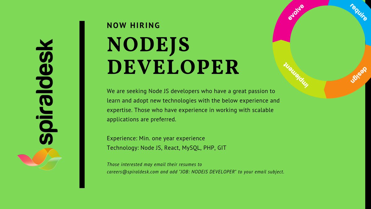 spiraldesk's tweet photo. If you feel you're the one, fire your resumes to careers@spiraldesk.com  @spiraldesk #Hiring #hiringcrew #Nodejs #PHP #reactjs #careeropportunities #mysql #github https://t.co/GtYniaSqRM