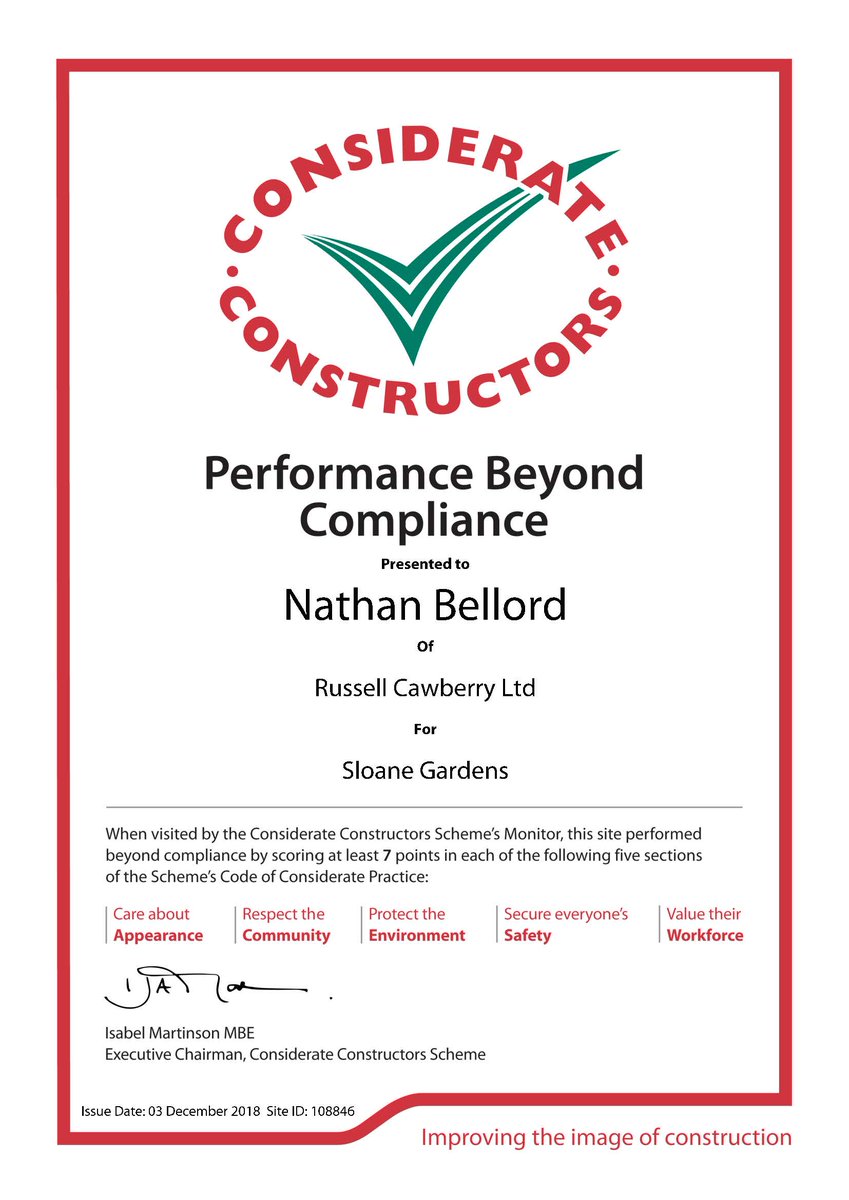 RussellCawberry's tweet photo. Well done the Russell Cawberry Team at our Sloane Gardens site who smashed it on their latest Considerate Constructors visit - with an exceptional score and Performance Beyond Compliance Achieved! https://t.co/dOAE6EDtU4