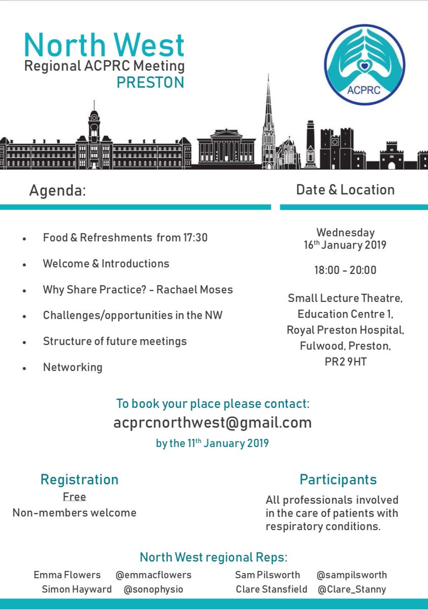North West <a href="/TheACPRC/">ACPRC</a> regional respiratory meeting <a href="/LancsHospitals/">Chorley & Royal Preston</a>. 
Non-members welcome, attendance FREE plus FOOD provided. 
Email: acprcnorthwest@gmail.com

Please retweet.