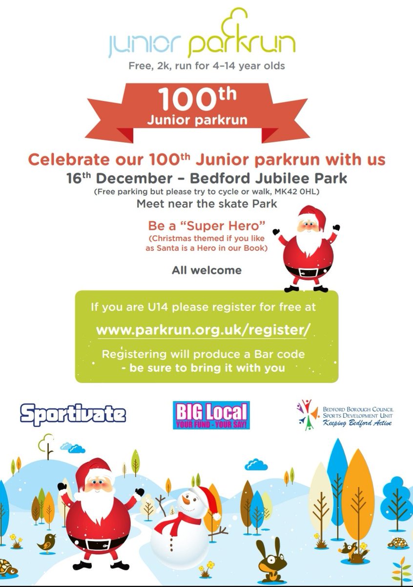 Join us for our 100th event on Dec 16 in Jubilee Park. Let's get over 100 juniors along and beat our current best attendance of 116. #bedford <a href="/BedfordEventsUK/">Bedford Events</a> <a href="/gdenhamparkrun/">Great Denham parkrun</a> <a href="/bedfordparkrun/">Bedford parkrun</a> @HealthyBedford <a href="/CVSBeds/">CVS in Bedfordshire</a> <a href="/BedfordTC/">Bedford T&C</a>