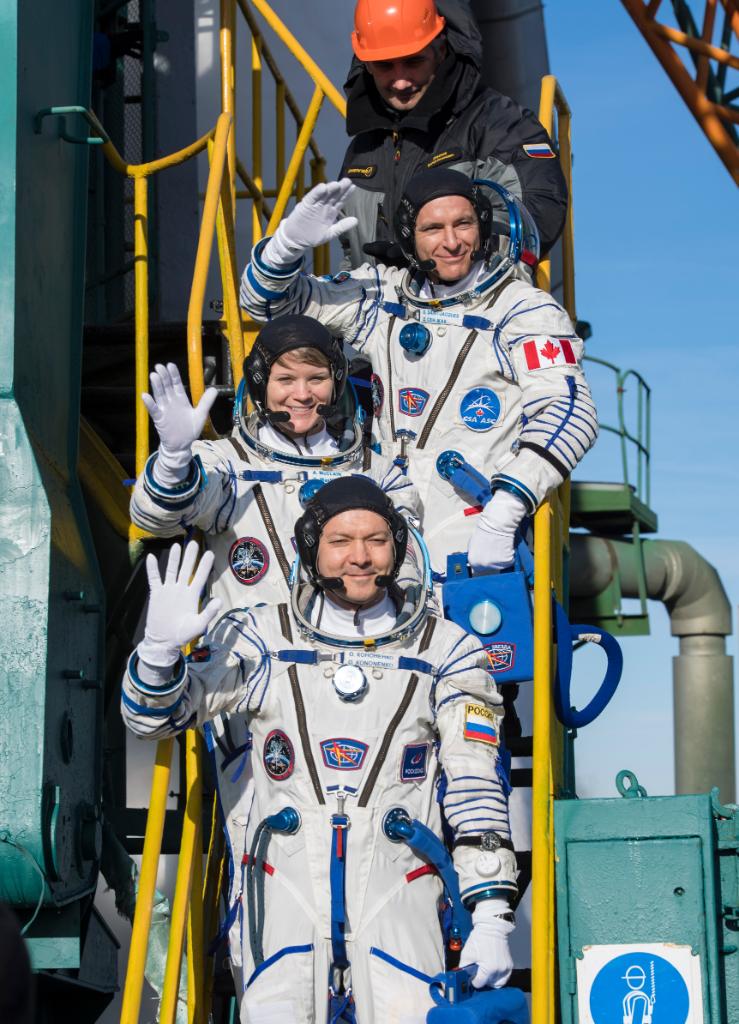NASA's tweet photo. Earlier, @AstroAnnimal, @Astro_DavidS and Oleg Kononenko climbed aboard their launch vehicle ahead of their 6:31am ET liftoff to head to their new home on @Space_Station for a six-and-a-half-month mission. Watch live coverage: https://t.co/i3hRug3u5w https://t.co/p6Tq9iv0mE