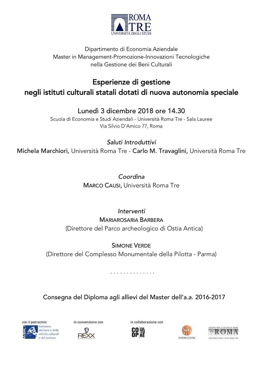 MasterRoma3's tweet photo. Non mancate questo pomeriggio alle ore 1430 presso il Dipartimento di Economia Aziendale
#managementbeniculturali https://t.co/MZ6DvO7Qj9