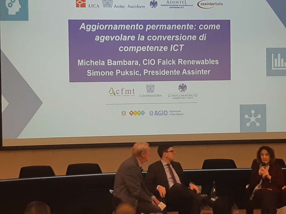 AICA_1961's tweet photo. Ora il Presidente @AssinterItalia @SimonePuksic con il CIO di @falckrenewables, Michela Bambara su #AggiornamentoPermanente e conversione di #CompetenzeDigitali. Segui l'intervento https://t.co/hnqFtdjeX4

#OCD2018 #ProfessioniICT https://t.co/ZA4Lfw6OoJ https://t.co/JNdmujCceM
