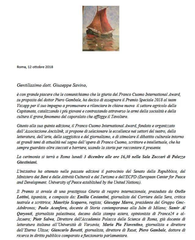 Oggi riceviamo un premio internazionale in Senato della Repubblica - Palazzo Giustiniani - Sala Zuccari , il "Franco Cuomo International Awards". 
Grazie di cuore a Piero Gambale di Il Meglio della Puglia per aver pensato a noi e grazie <a href="/micheleemiliano/">Michele Emiliano</a> <a href="/RegionePuglia/">RegionePuglia</a>.