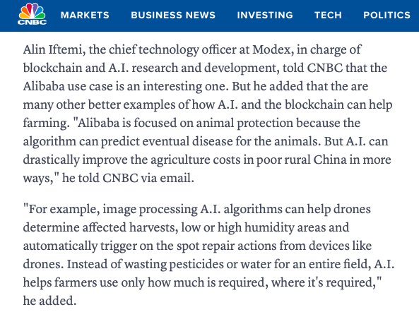 While at TechCrunch Disrupt Berlin, Modex's CTO, Alin Daniel Iftemi, shared with CNBC his thoughts on how new technologies like A.I. and Blockchain can help farming: cnbc.com/2018/11/30/how… #TechCrunch #Disrupt #CNBC #Modex #AlinIftemi #AI #Blockchain #Agriculture #China #Alibaba