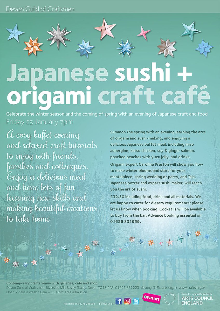 make_southwest's tweet photo. There's a chi -illed evening of Japanese themed craft & foodcoming up this January in our next eat & make #devonguildcafe evening. Learn how to create #sushi-fold #origami flowers + stars also enjoy an amazing meal! Check out the # menu and details. Book through our #craft shop! https://t.co/4vnznaq2eS
