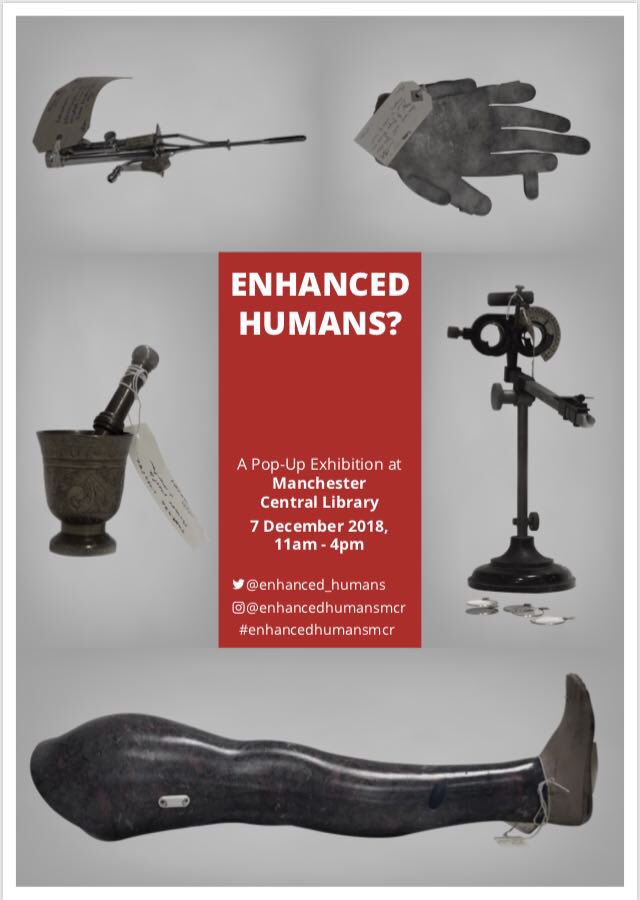 UoMSALC's tweet photo. Make time to discover the hidden gems in @ManMedMuseum collections in a 1 day exhibition of historical medical objects. Masters students @agms10 have curated the @enhanced_humans exhibition, which takes place at @MancLibraries  @archivesplus on 7 Dec, 11am-4pm #CreativeManchester https://t.co/X8StojnsFK