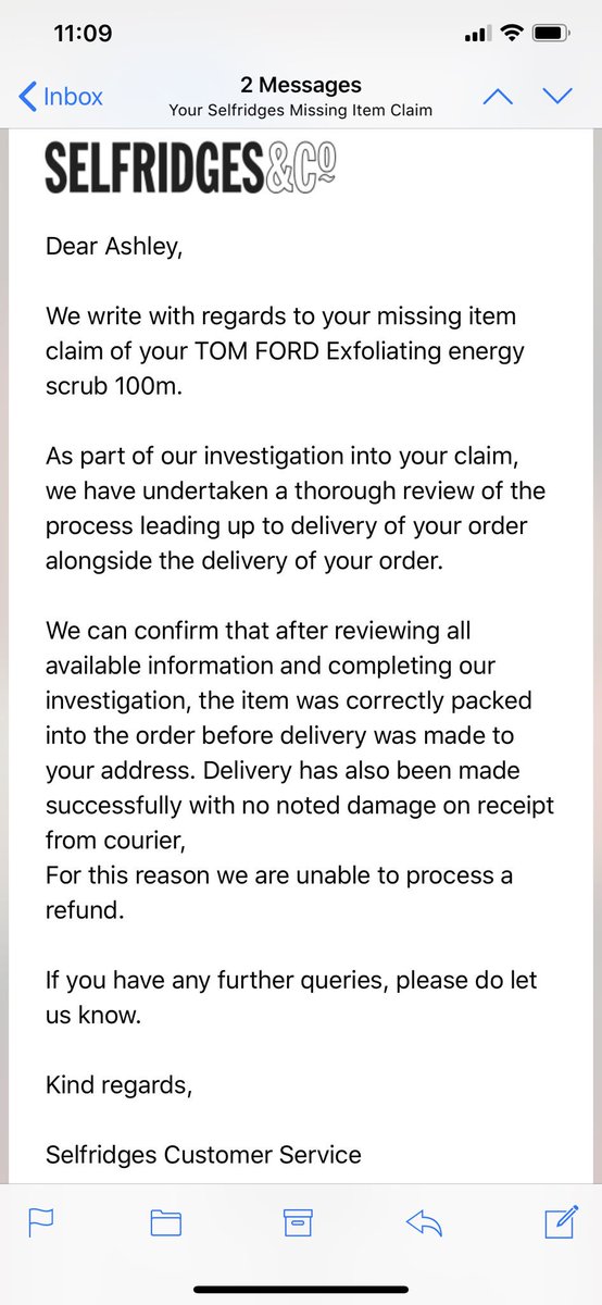 a_skar's tweet photo. Absolutely disgusted with @Selfridges basically calling me a thief. The item was not in the box nor had the box been tampered with. 2 weeks of chasing them and they send this! #selfridges #badcustomerservice https://t.co/65FyD9p4IS