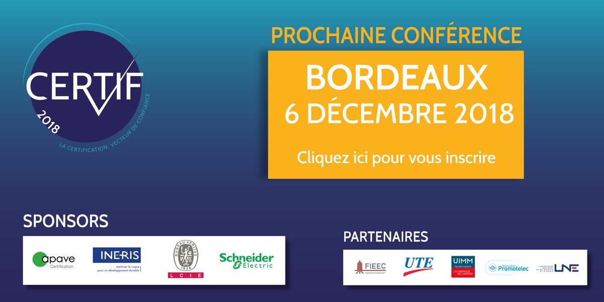 Ce jeudi à la Maison de l'Industrie à Bordeaux (Bruges) : dernière #conference CERTIF de l'année 2018 ! L'occasion de venir #rencontrer les #organismes de #certification et d'échanger sur la certification de #produits et l'#évaluation de #conformité
certifbordeaux.evenium.net