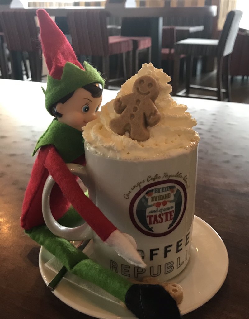 TccTower's tweet photo. 🎄🤶 It feels like a Gingerbread Latte kind of day and it looks like Angel agrees #elfontheshelf #gingerbread 🎄🤶 https://t.co/adVt6xaNRQ