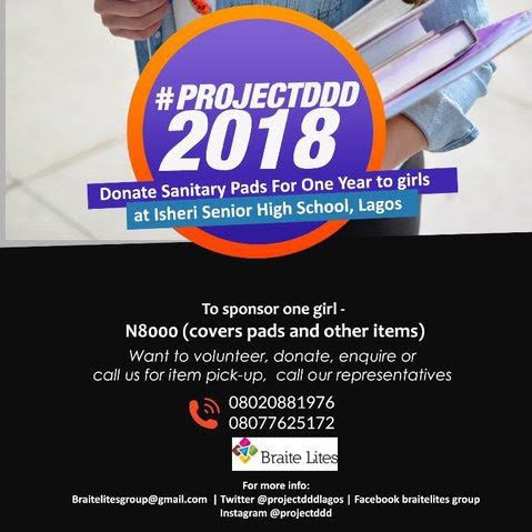 ProjectDDDLagos's tweet photo. Hello people! It's about that time of the year again. Join us as put smiles on the faces of 50 girls in Isheri high school by donating Sanitary pads for a year!
All our projects have been great success because of You🙏
#MondayMotivation #charity #volunteer #donate #ProjectDDD https://t.co/muw6rlLtHS