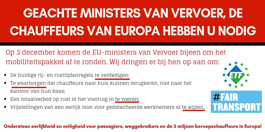 GEVAAR OP ONZE WEGEN
Huidig voorstel #MobilityPackage van <a href="/EU2018AT/">eu2018at</a> betekent meer vermoeide chauffeurs die minder betaald worden en langer dan ooit van huis zijn. #FairTransport nu!
MINISTERS, WIJ KIJKEN NAAR U!
Lees meer bit.ly/2DI79AB  <a href="/FNV/">FNV</a> @ETF_Road <a href="/NLatEU/">Netherlands at the EU</a> <a href="/MinIenW/">Ministerie van Infrastructuur en Waterstaat</a>