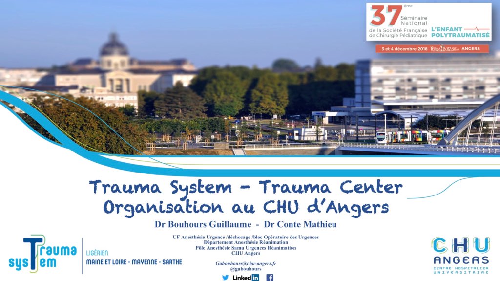 GuBouhours's tweet photo. Présentation du #traumasystem Ligerien (49/53/72) &amp; Trauma Center du @chu_angers en double voix avec @mathieuconte.
37eme journée #SFCP enfant polytraumatisé @CecileJaglin @GuiPodevin @SigLasocki @ars_pdl https://t.co/2y8VPlKUQr