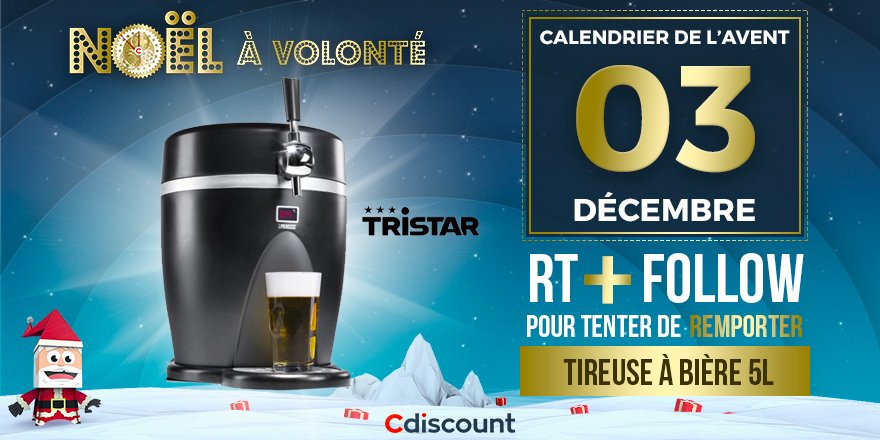 Cdiscount's tweet image. 🎁 JOUR 3

👌 À gagner pour le #CalendrierDeLAventCdiscount : Tireuse à bière et rafraichisseur de 5L - Tristar

👉 bit.ly/2BGaH4T

🔸 Pour tenter votre chance : 
RT ce tweet + Follow @Cdiscount 

☑️ TAS 10/12