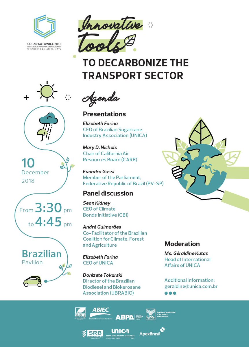 The Brazilian Pavilion at COP24 will hold UNICA’s panel “Innovative tools to decarbonize the transport sector”. Next Monday (12/10), we'll discuss innovative ways to decarbonize the transport sector. Join us at 3:30pm in the Brazilian Pavilion. #climatechange #unicaatcop24
