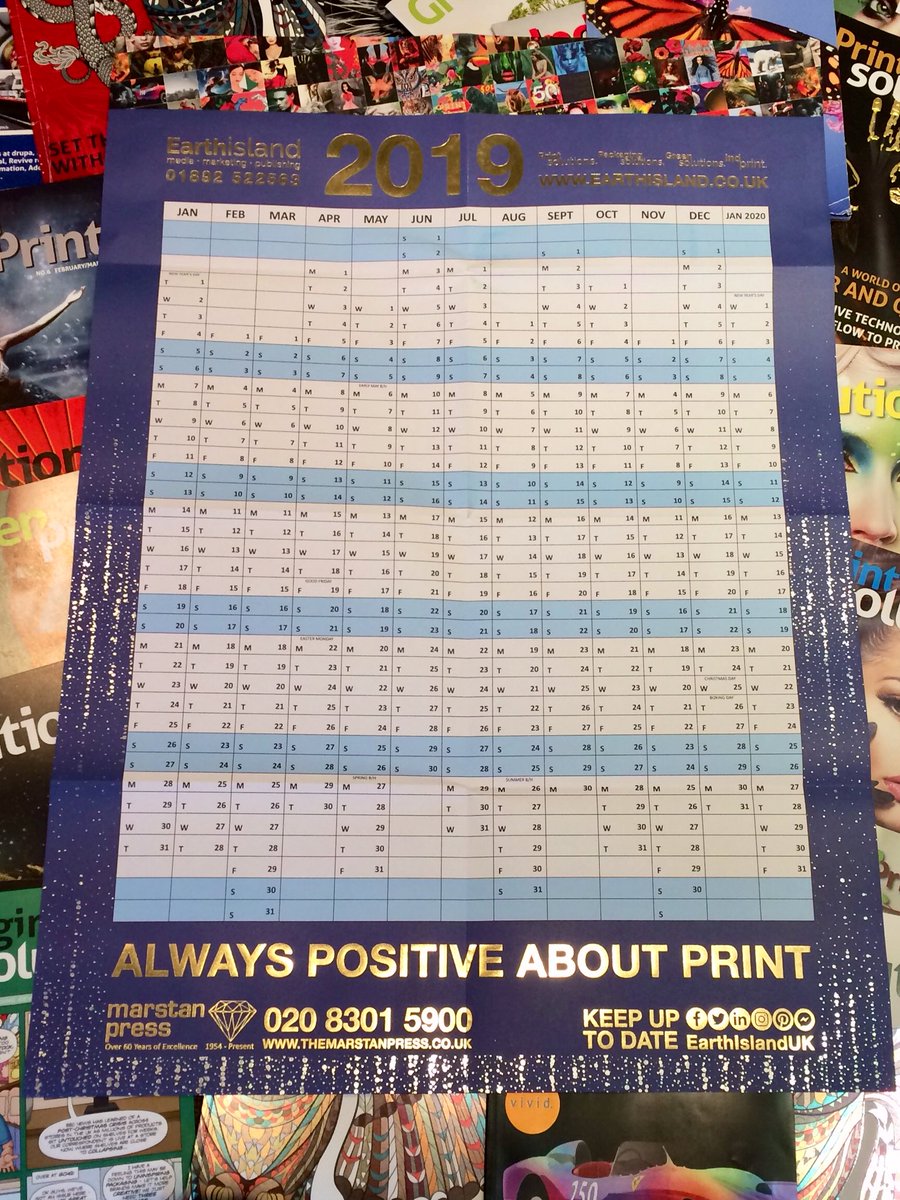 These rather handy and beautifully printed &amp; foiled 2019 wall planners are going out with the December issue of #PrintSolutions magazine. Massive thanks to <a href="/MarstanPress/">Marstan Press</a> <a href="/MPFoilBlocking/">MP Foil Blocking</a>