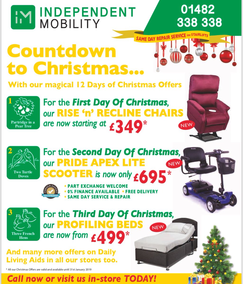 Indmobility's tweet image. It’s beginning to look a lot like Christmas.... in store we have our 12 Days of Christmas offers. All amazing, so to avoid disappointment call in soon. 01482 338 338.