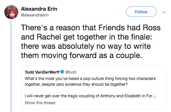 Do you agree with <a href="/alexandraerin/">Alexandra Erin | patreon.com/AlexandraErin</a>?
We discuss Ross and Rachel - and others - on our latest episode sharing our real thoughts about fictional couples and their love stories. Listen here:
buff.ly/2TNeIeY