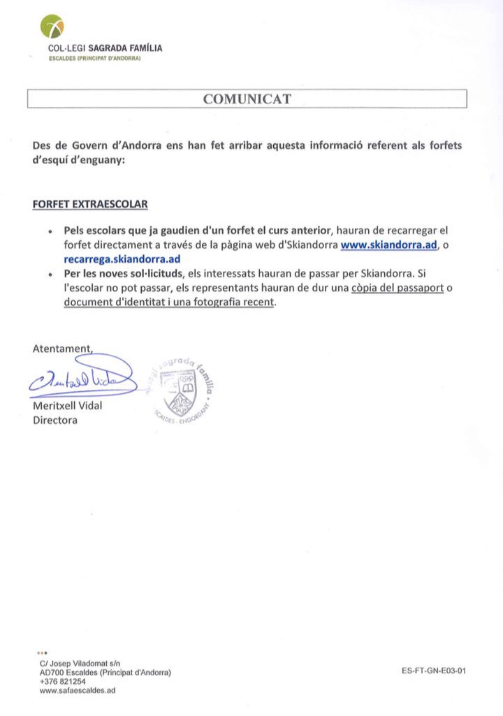 SafaEscaldes's tweet photo. 📣COMUNICAT d’ESQUÍ ESCOLAR📣 us fem arribar la informació referent als #FORFETS d’enguany. https://t.co/tnS5RvFJoL