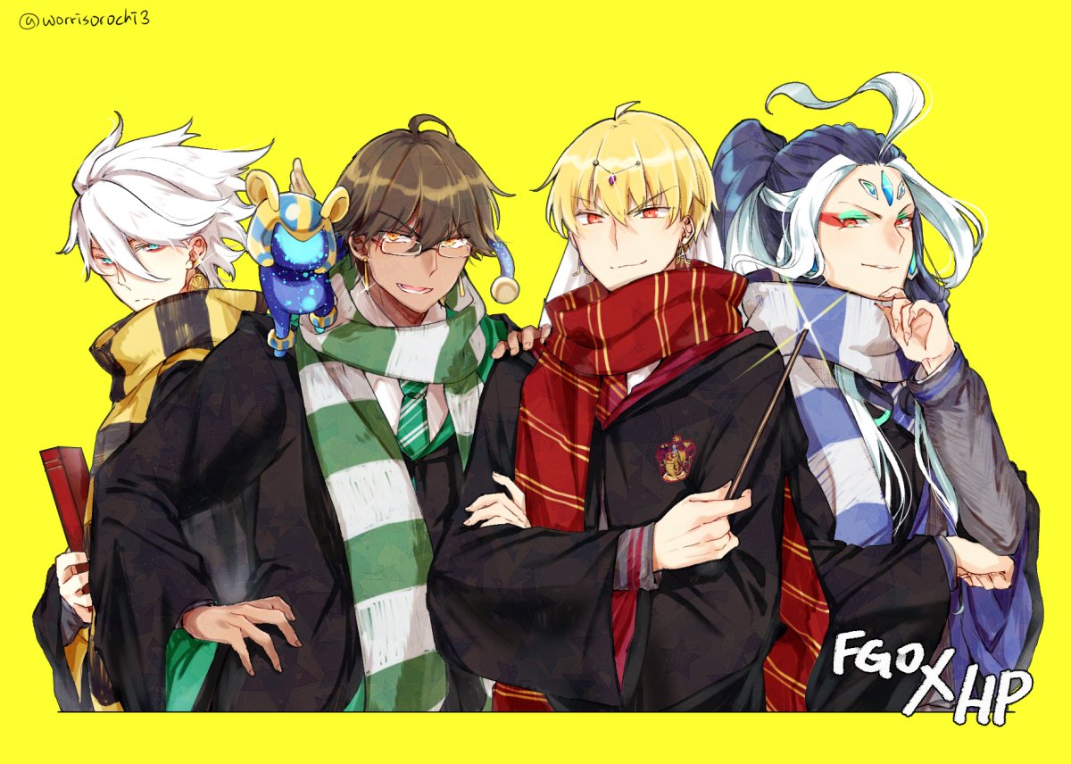 scarf school uniform multiple boys wand white hair glasses blonde hair  illustration images