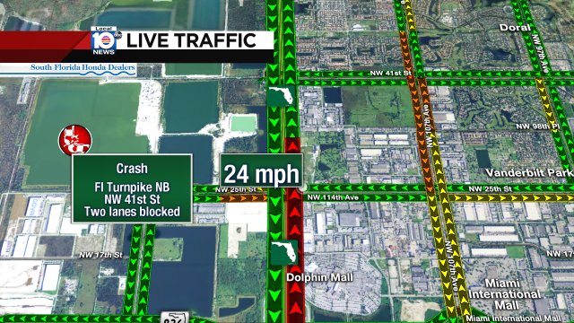 #TRAFFICALERT Crash on Fl Turnpike NB at NW 41st St. Two left lanes are blocked https://t.co/EMHZyhgCmb