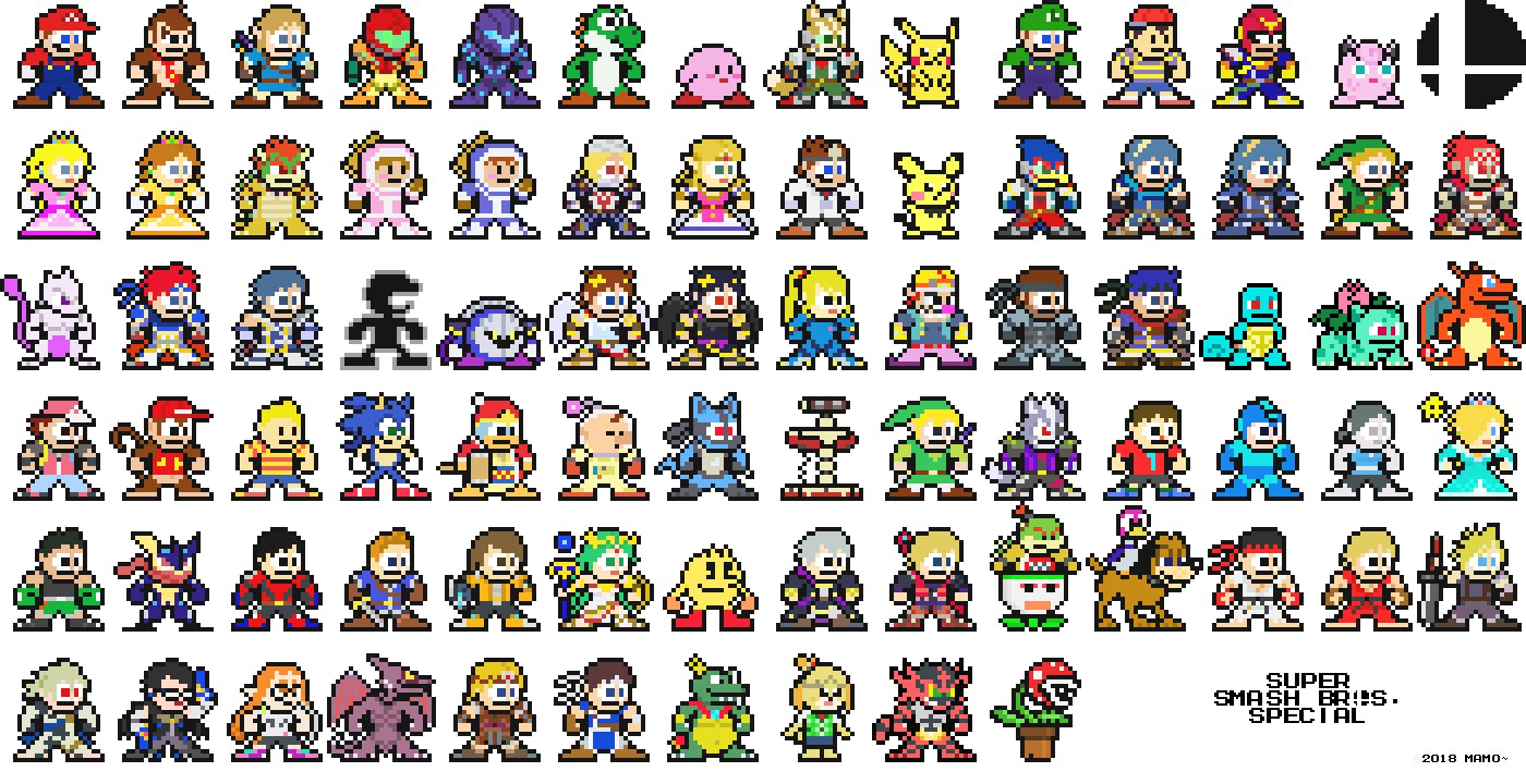 Twitter 上的 まも ロックマン風ドット絵 過去分にdlcキャラと カラーチェンジで様変わりするキャラを追加してみました 前回のツイート及び発売1周年からは幾分過ぎてしまいましたが 今後も追加キャラが楽しみです スマブラsp Ssbu T Co Kvfcnz9jlj
