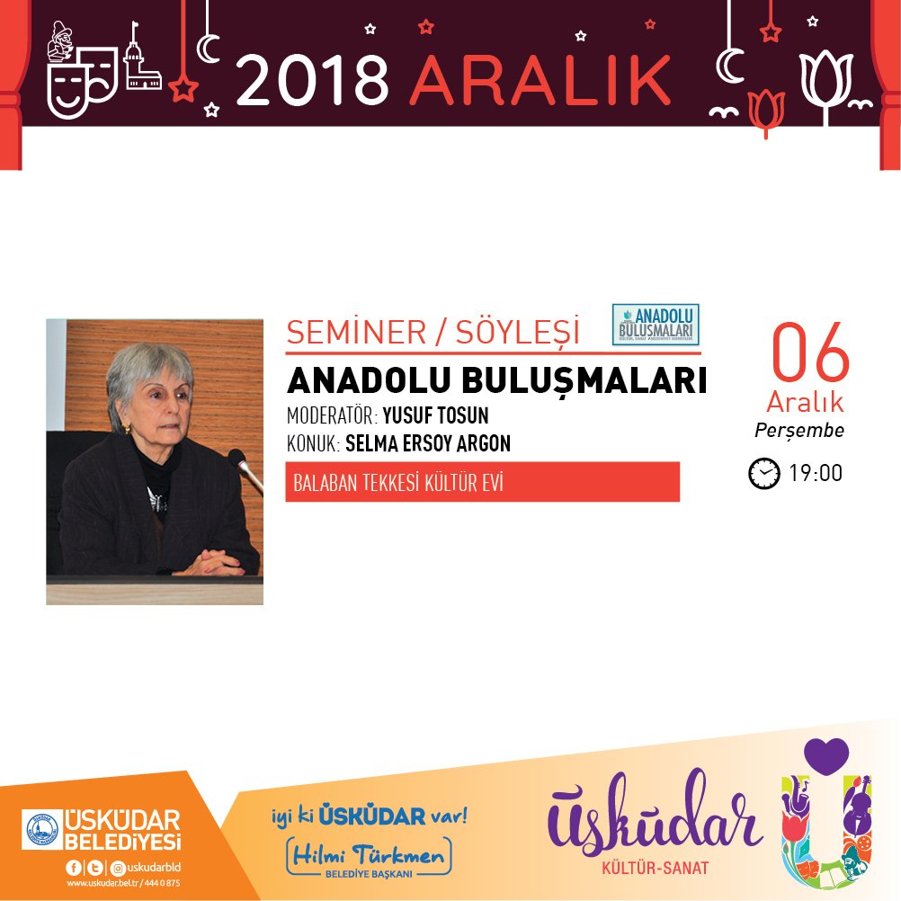 Anadolu Bulışmaları
📅 06 Aralık, Perşembe
⏰ 19:00
📍 Balaban Tekkesi Kültür Evi
📌 Ücretsiz
<a href="/hilmiturkmen34/">Hilmi Türkmen</a> <a href="/uskudarbld/">Üsküdar Belediyesi</a> 
#iyikiüsküdarvar #üsküdar #istanbul #ucretsız #anadolu #bulusma