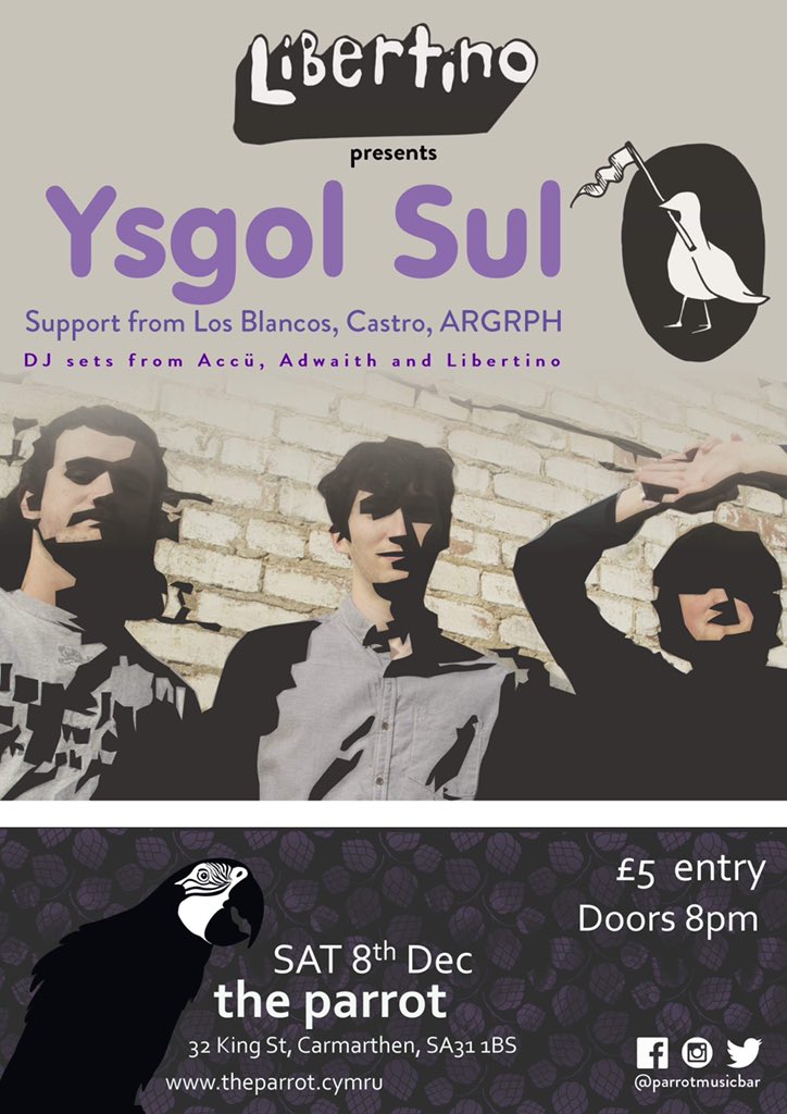 📣 GIG GIG GIG GIG ALERT🚨 Gig ola Libertino yn @parrotmusicbar 😢 We will be celebrating the venue and the acts who all found a creative home there. Come and join us with YsgolSul making a live comeback 😍 Los Blancos, Castro, ARGRPH + DJ sets from Accü, Adwaith and Libertino x