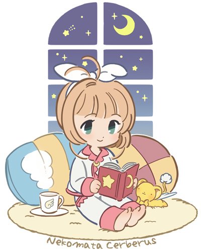 kero ,kinomoto sakura 1girl book pajamas cup smile open book barefoot  illustration images